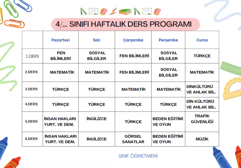 4.Sınıf Ders Programı