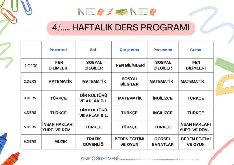4.Sınıf Haftalık Ders Programı