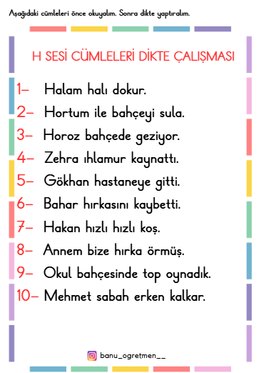 H Sesi Cümleleri Dikte Çalışması
