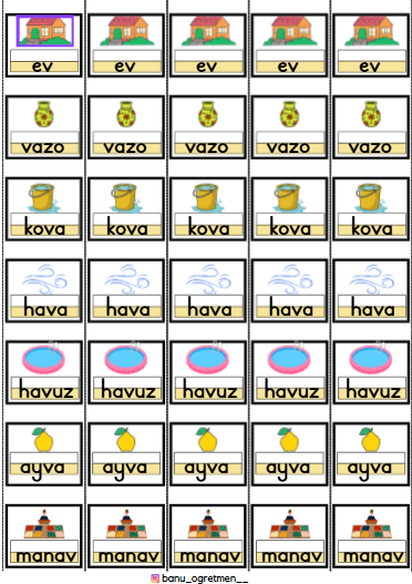 V Sesi Kelimeleri-Şeritli Defter Çalışması