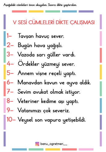 V Sesi Cümleleri Dikte Çalışması