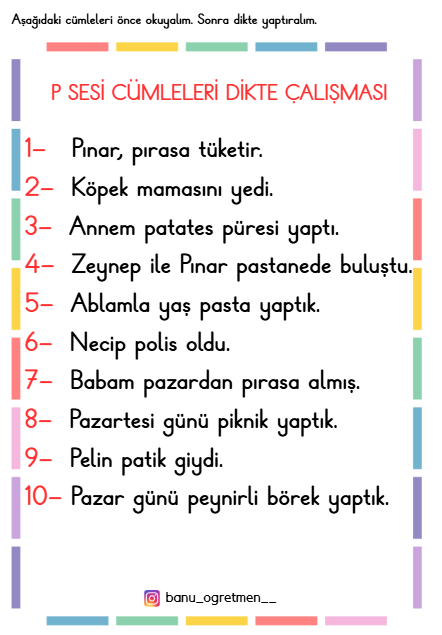 P Sesi Cümleleri Dikte Çalışması