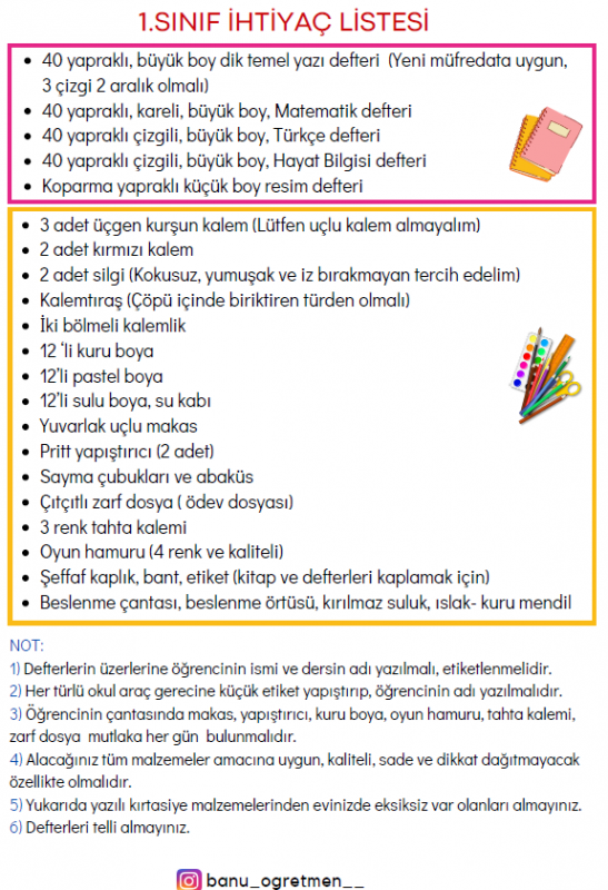 1.Sınıf İhtiyaç Listesi