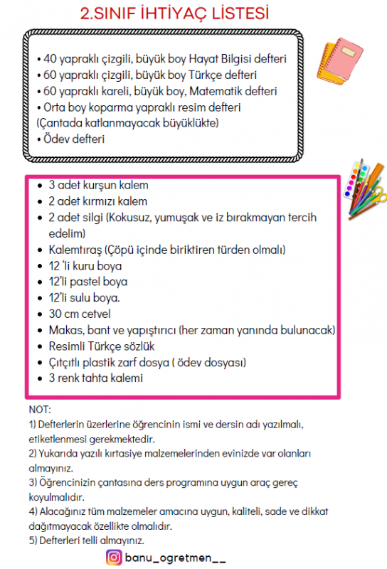 2.Sınıf İhtiyaç Listesi