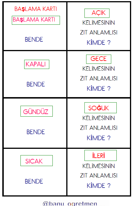 Zıt Anlamlı Kelimeler Bende-Kimde Oyun Kartları