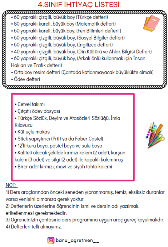 4.Sınıf İhtiyaç Listesi