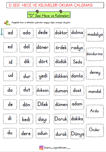D Sesi Hece ve Kelimeleri Okuma Çalışması