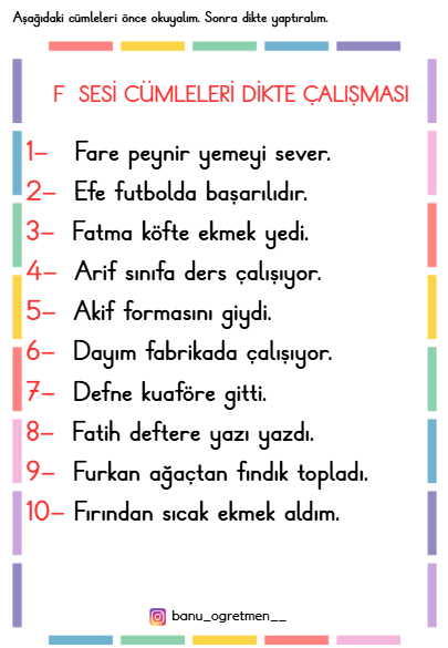 F Sesi Cümleleri Dikte Çalışması
