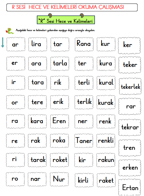 R Sesi Hece ve Kelimeleri Okuma Çalışması