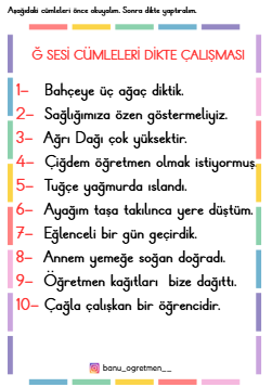 Ğ Sesi Cümleleri Dikte Çalışması