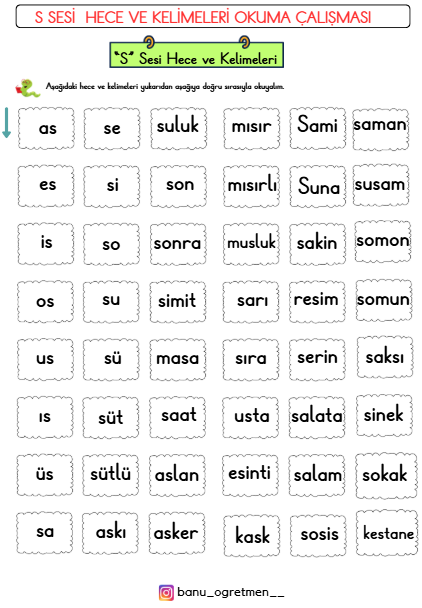 S Sesi Hece ve Kelimeleri Okuma Çalışması