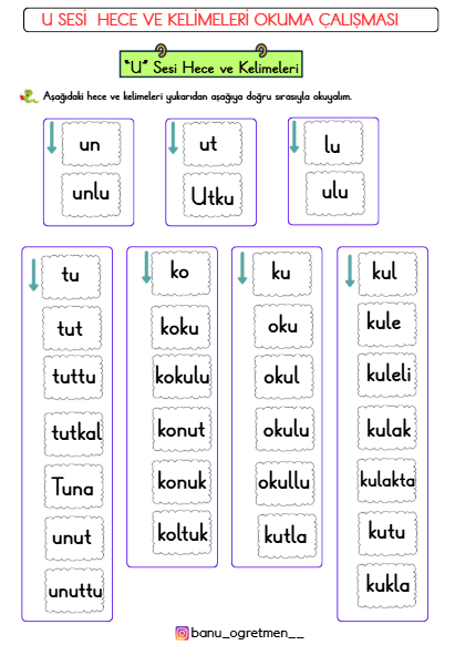 U Sesi Hece ve Kelimeleri Okuma Çalışması