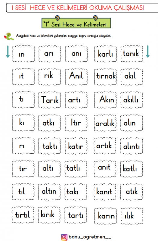 I Sesi Hece ve Kelimeleri Okuma Çalışması