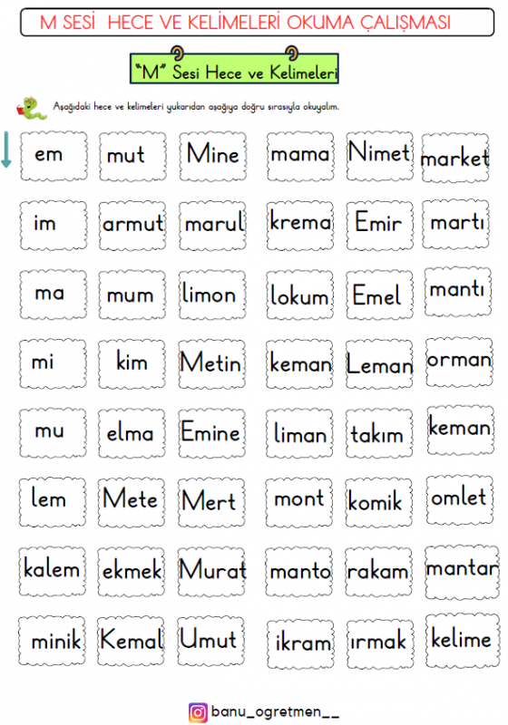 M Sesi Hece ve Kelimeleri Okuma Çalışması