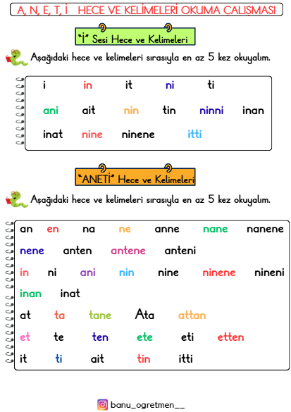 Aneti Hece ve Kelimeleri Okuma Çalışması