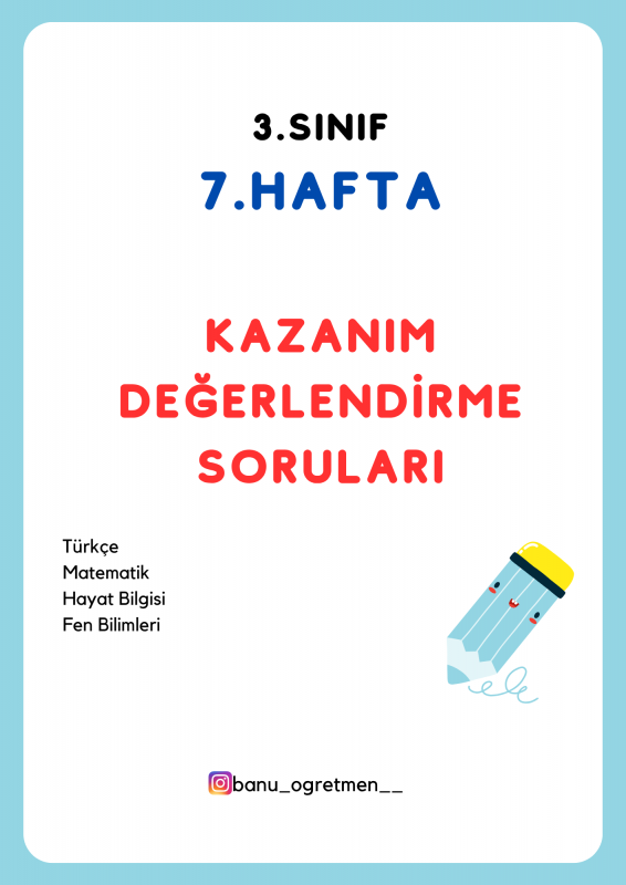 3.Sınıf 7.Hafta Kazanım Değerlendirme Soruları