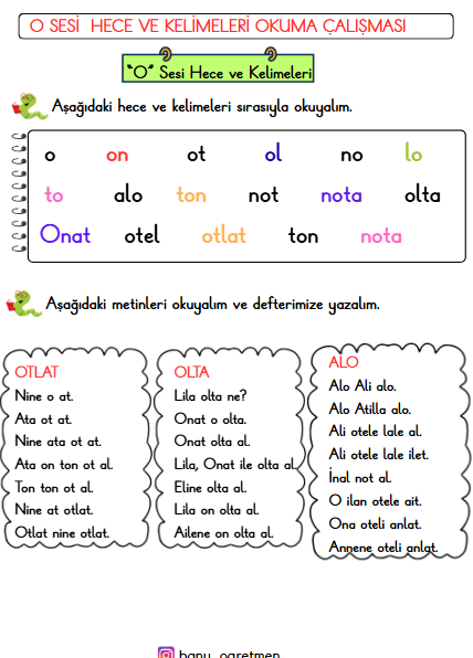 O Sesi Hece-Kelime-Metin Okuma Çalışması