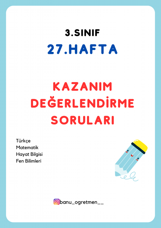 3.Sınıf 27.Hafta Kazanım Değerlendirme Soruları