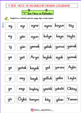 Y Sesi Hece ve Kelimeleri Okuma Çalışması