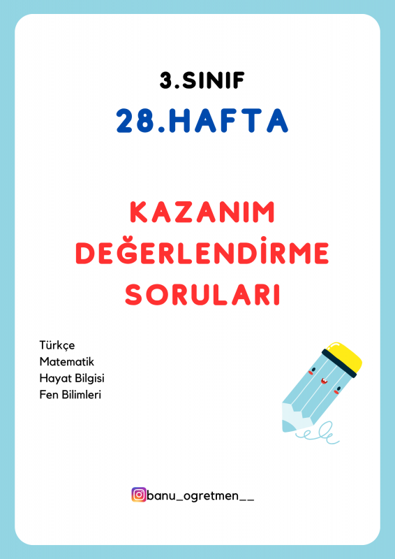 3.Sınıf 28.Hafta Kazanım Değerlendirme Soruları