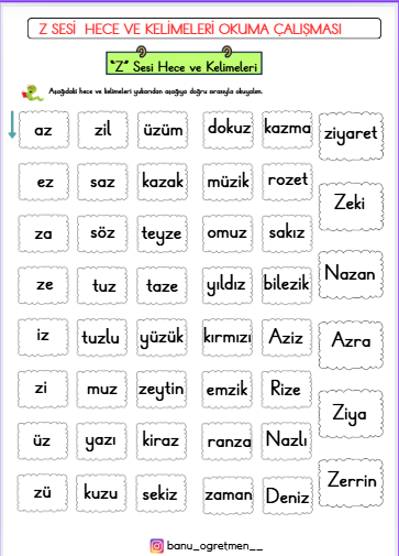 Z Sesi Hece ve Kelimeleri Okuma Çalışması