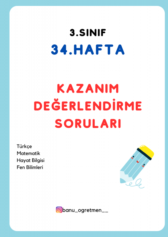 3.Sınıf 34.Hafta Kazanım Değerlendirme Soruları