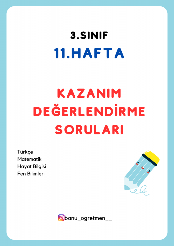3.Sınıf 11.Hafta Kazanım Değerlendirme Soruları