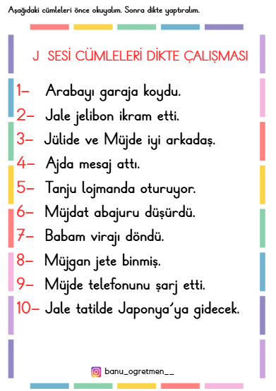 J Sesi Cümleleri Dikte Çalışması