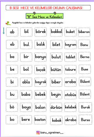 B Sesi Hece ve Kelimeleri Okuma Çalışması