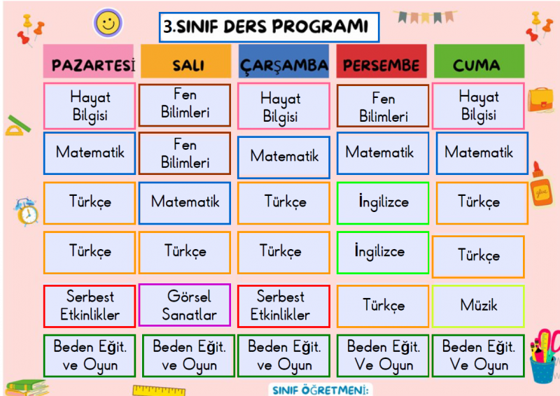3.Sınıf Haftalık Ders Programı