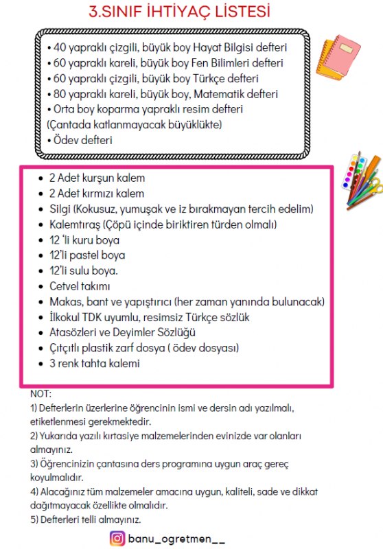 3.Sınıf İhtiyaç Listesi