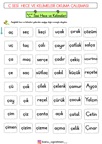 Ç Sesi Hece ve Kelimeleri Okuma Çalışması