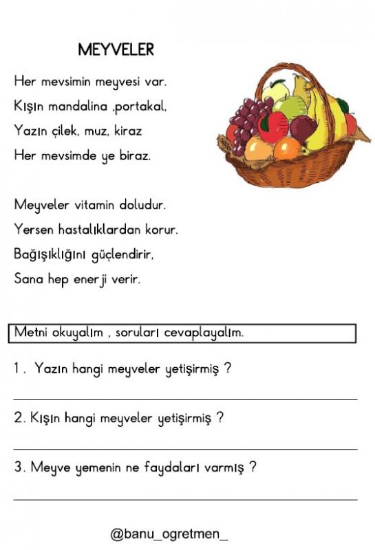 Meyveler Şiiri Okuma Anlama Çalışması