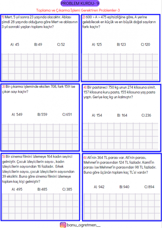 3.Sınıf Problem Kurdu-9 Toplama ve Çıkarma İşlemi Problemleri-3