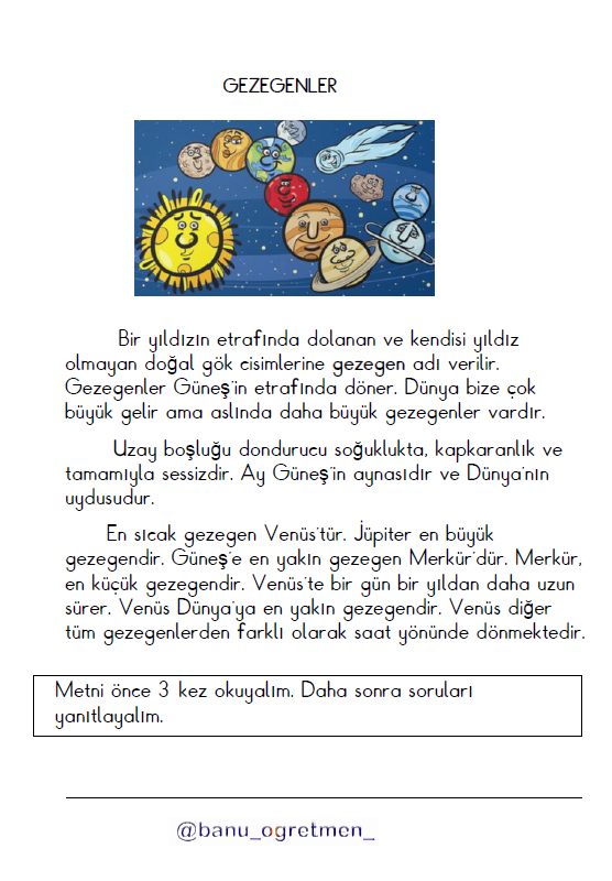 Gezegenler Okuma Anlama Çalışmaları
