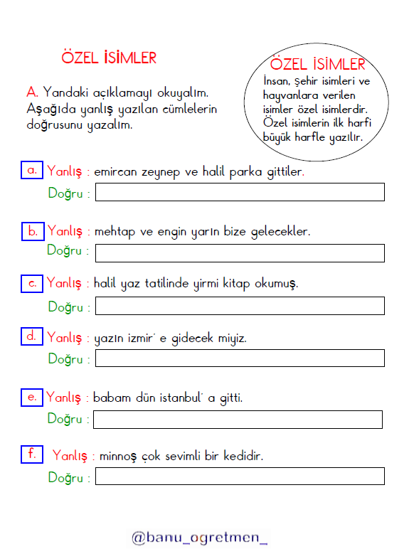 Özel İsimler Cümle Çalışması