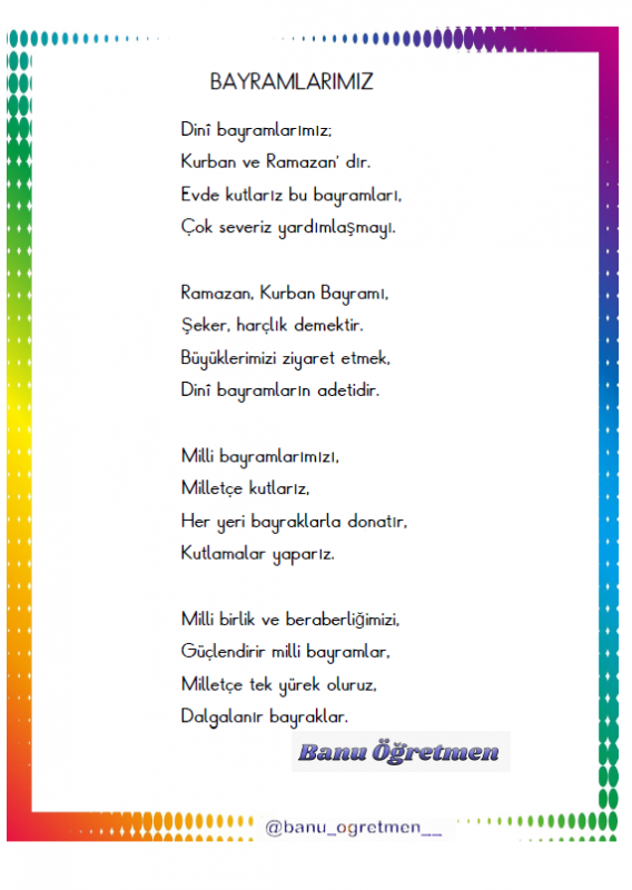 Bayramlarımız Şiiri Okuma Anlama Çalışmaları